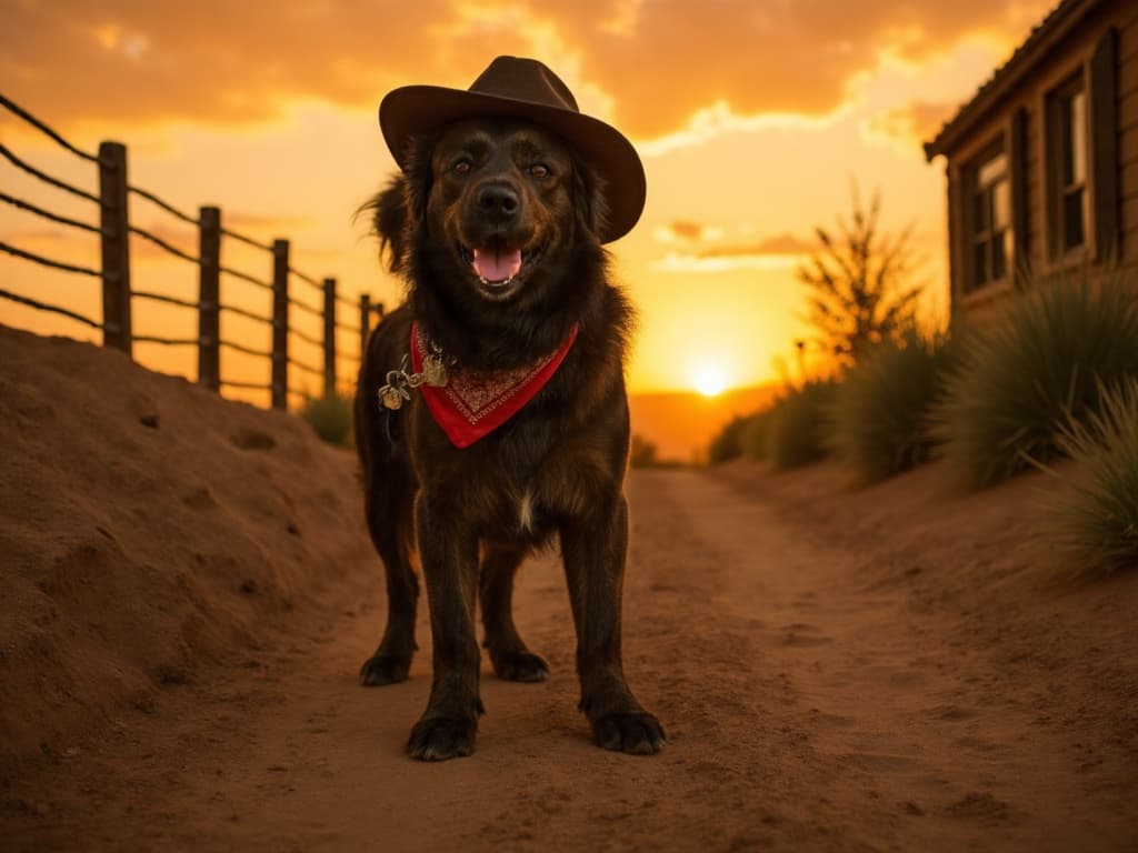 AI-generated portrait of a dog wearing a cowboy hat against a beautiful sunset background
