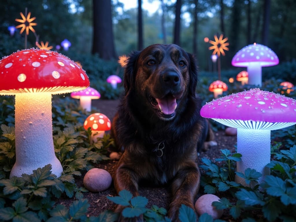 Fantasy AI portrait of a dog in an enchanted forest with glowing mushrooms and magical lighting