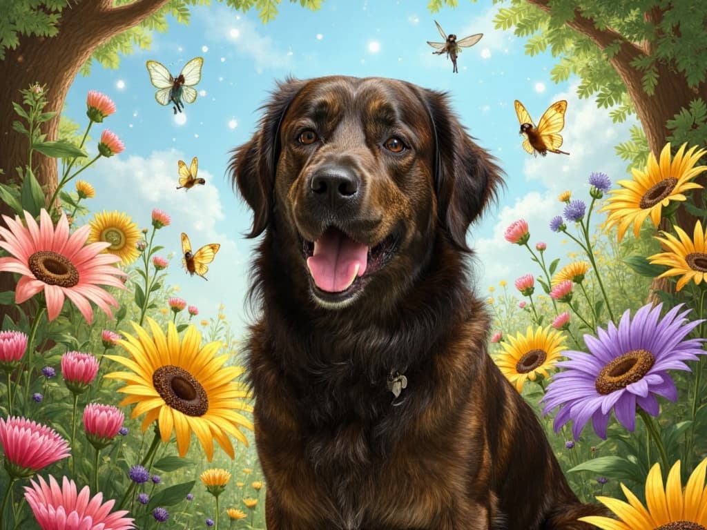 Whimsical AI-generated portrait of a dog surrounded by colorful flowers and butterflies in a spring scene